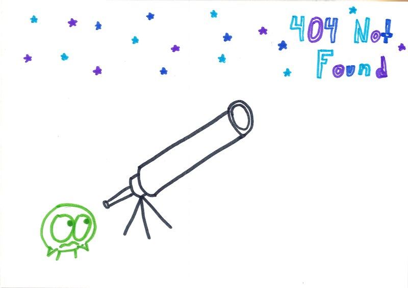 A worried little alien stands by a telescope under a starry sky labeled '404 Not Found.'
