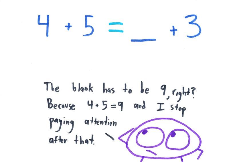 A series of balance-scale cartoons explaining the equals sign, equations, inequalities, symmetry of equality, and solving 2x + 11 = 25 step by step. (panel 1 of 7)
