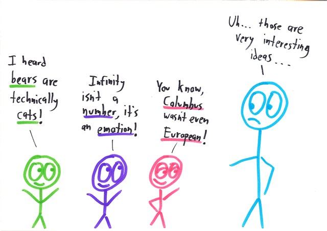 Three students share wild 'facts'; a teacher tries to respond diplomatically.