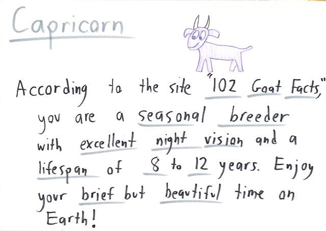 Twelve hand-lettered horoscope cards, one per zodiac sign, each a skeptical joke about astrology: statistics, vague predictions, causation, base rates, and a number trick. (panel 10 of 12)
