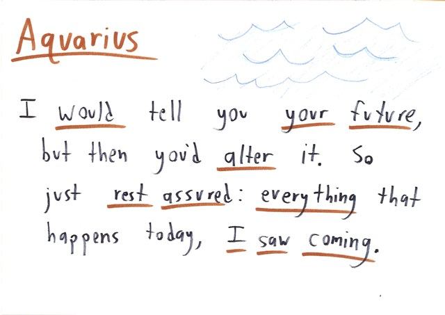 Twelve hand-lettered horoscope cards, one per zodiac sign, each a skeptical joke about astrology: statistics, vague predictions, causation, base rates, and a number trick. (panel 11 of 12)