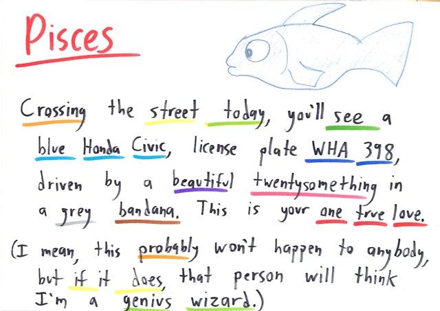 Twelve hand-lettered horoscope cards, one per zodiac sign, each a skeptical joke about astrology: statistics, vague predictions, causation, base rates, and a number trick. (panel 12 of 12)
