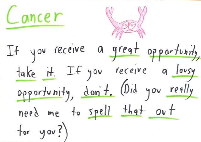 Twelve hand-lettered horoscope cards, one per zodiac sign, each a skeptical joke about astrology: statistics, vague predictions, causation, base rates, and a number trick. (panel 4 of 12)