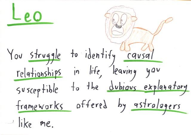 Twelve hand-lettered horoscope cards, one per zodiac sign, each a skeptical joke about astrology: statistics, vague predictions, causation, base rates, and a number trick. (panel 5 of 12)