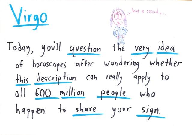 Twelve hand-lettered horoscope cards, one per zodiac sign, each a skeptical joke about astrology: statistics, vague predictions, causation, base rates, and a number trick. (panel 6 of 12)