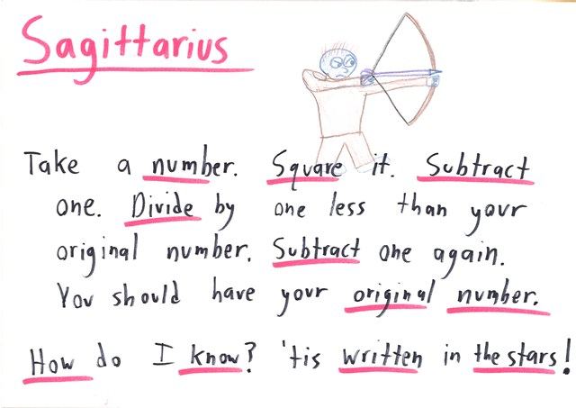 Twelve hand-lettered horoscope cards, one per zodiac sign, each a skeptical joke about astrology: statistics, vague predictions, causation, base rates, and a number trick. (panel 9 of 12)