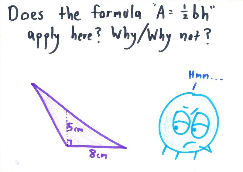 A student puzzles over an obtuse triangle whose height falls outside the triangle.