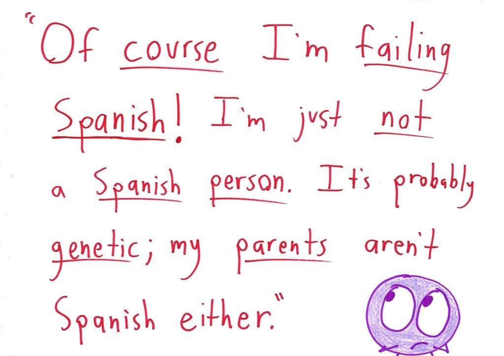 Eight cards apply common attitudes about math (math people, innate gifts, gender myths, 'when will I use this,' drills, real-world relevance) to Spanish, history, sociology, biology, art, soccer, music and literature. (panel 1 of 8)