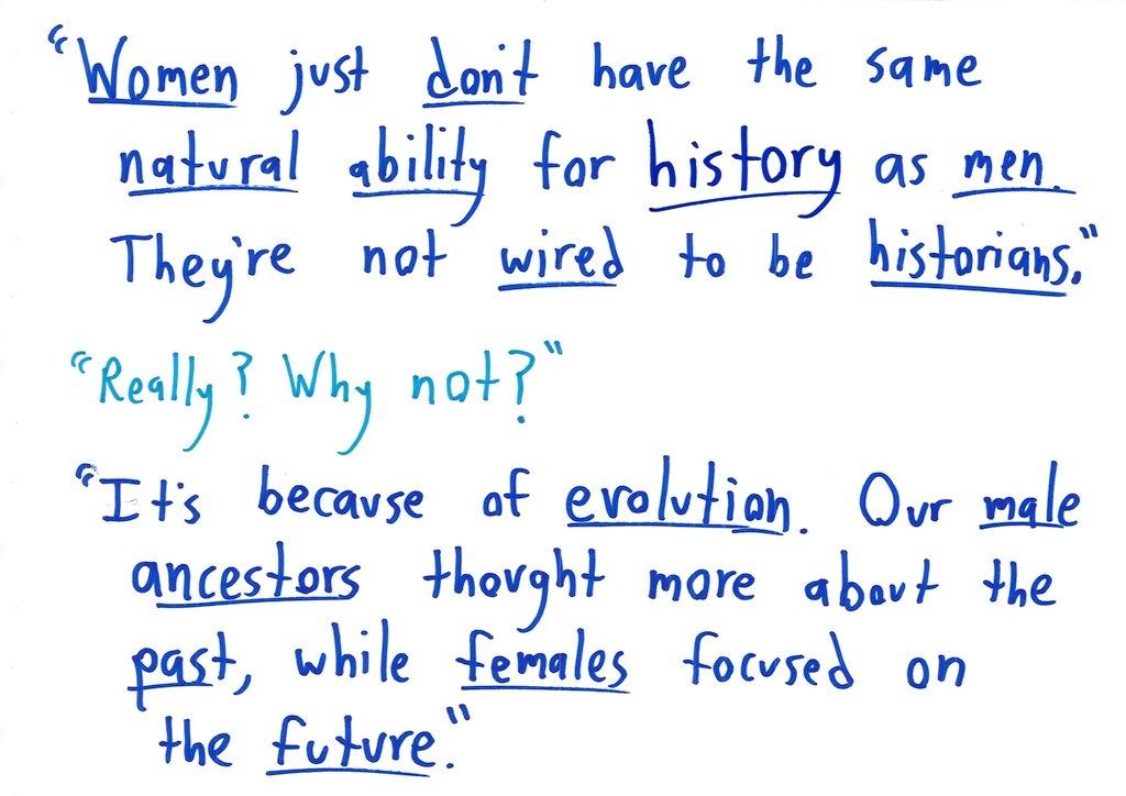 Eight cards apply common attitudes about math (math people, innate gifts, gender myths, 'when will I use this,' drills, real-world relevance) to Spanish, history, sociology, biology, art, soccer, music and literature. (panel 2 of 8)