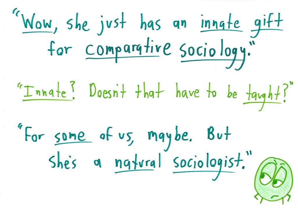 Eight cards apply common attitudes about math (math people, innate gifts, gender myths, 'when will I use this,' drills, real-world relevance) to Spanish, history, sociology, biology, art, soccer, music and literature. (panel 3 of 8)