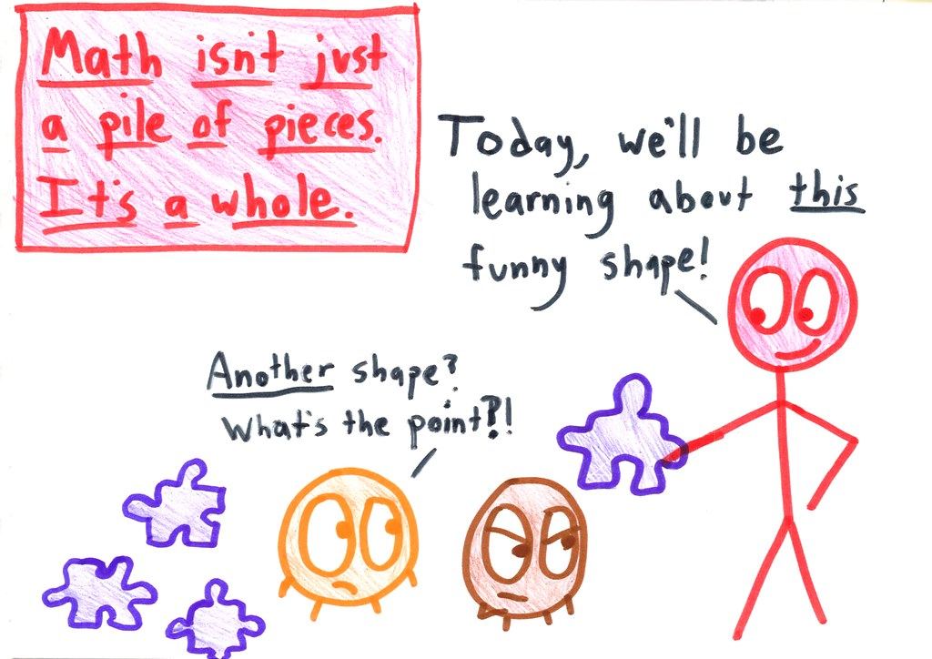 A teacher presents yet another isolated puzzle piece while bored students, surrounded by loose pieces, ask what the point is.