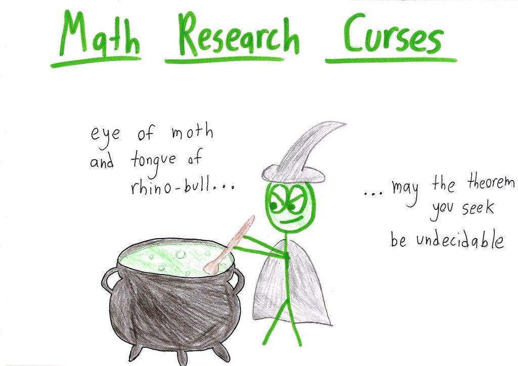 A witch stirs a cauldron and curses a mathematician's research: may their theorem be undecidable.