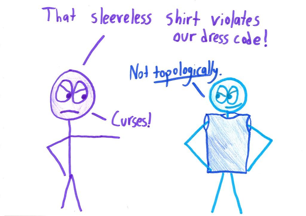 A dress-code enforcer is foiled when the wearer points out that a sleeveless shirt is topologically the same as a sleeved one.