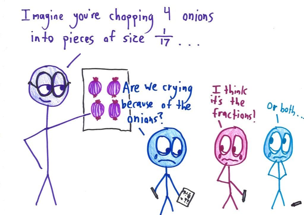 A teacher's onion-chopping word problem about dividing by 1/17 leaves the students in tears, and they can't tell whether it's the onions or the fractions.
