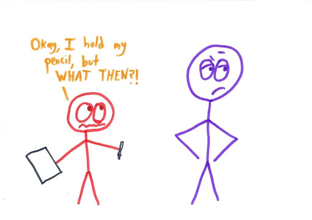 A frantic student holding a pencil demands to know the next step from a teacher who stands with hands on hips.