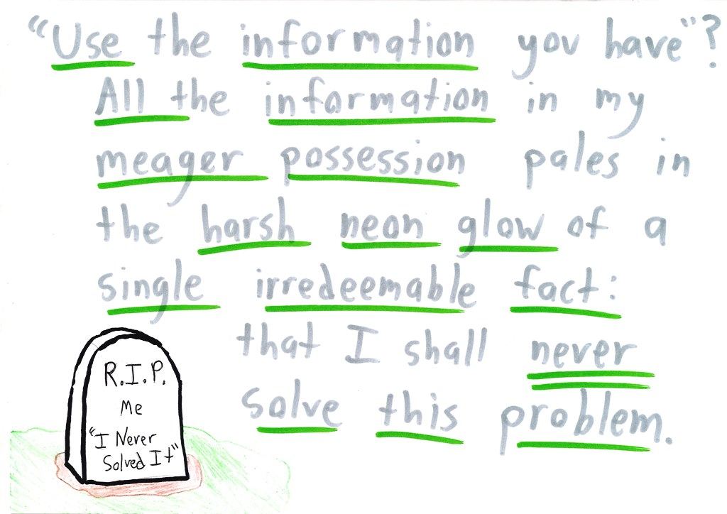 A thirteen-card 'away message' in which someone stuck on a math problem spirals into melodramatic despair, mocks standard problem-solving hints (draw a picture, work backwards, use the information you have), then cheerfully signs off. (panel 10 of 13)