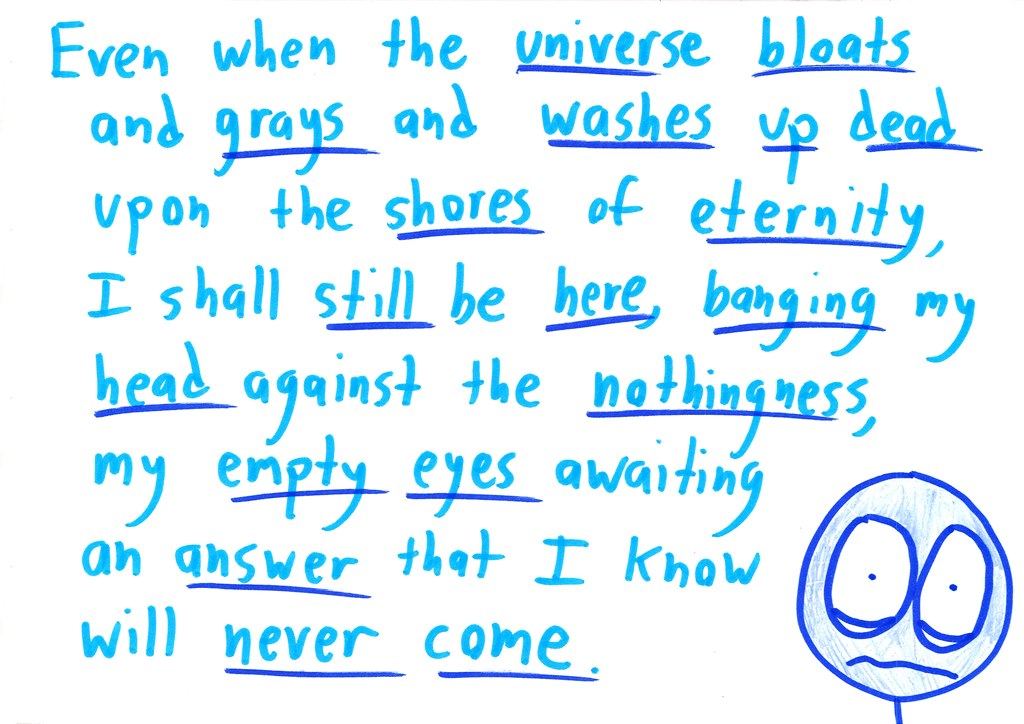 A thirteen-card 'away message' in which someone stuck on a math problem spirals into melodramatic despair, mocks standard problem-solving hints (draw a picture, work backwards, use the information you have), then cheerfully signs off. (panel 12 of 13)