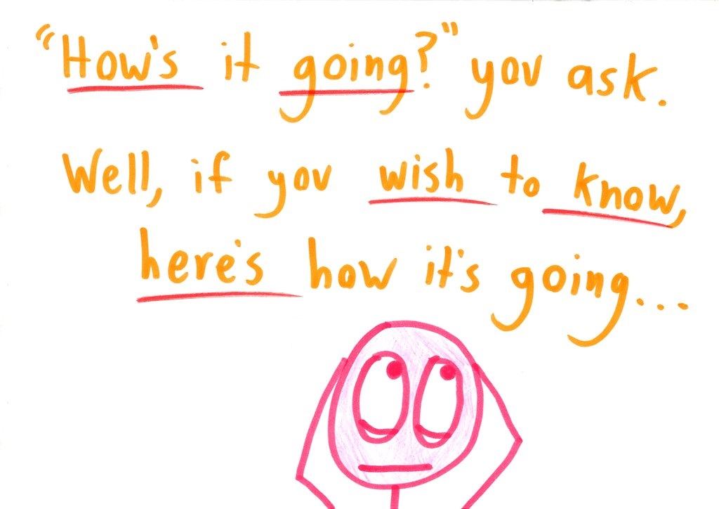 A thirteen-card 'away message' in which someone stuck on a math problem spirals into melodramatic despair, mocks standard problem-solving hints (draw a picture, work backwards, use the information you have), then cheerfully signs off. (panel 2 of 13)
