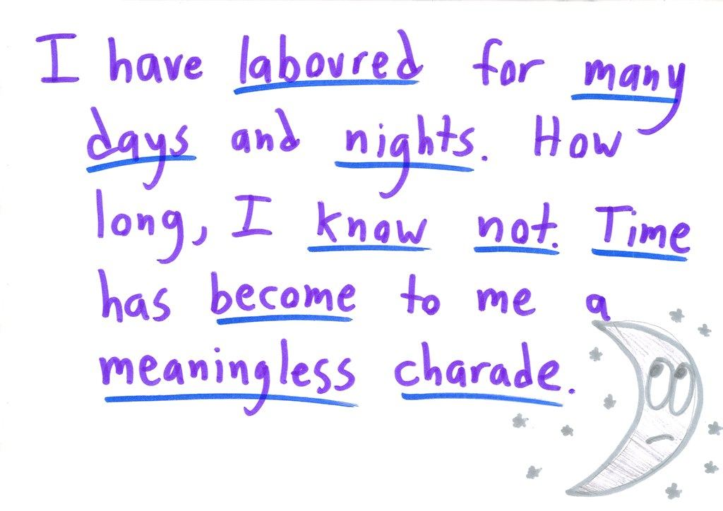 A thirteen-card 'away message' in which someone stuck on a math problem spirals into melodramatic despair, mocks standard problem-solving hints (draw a picture, work backwards, use the information you have), then cheerfully signs off. (panel 3 of 13)