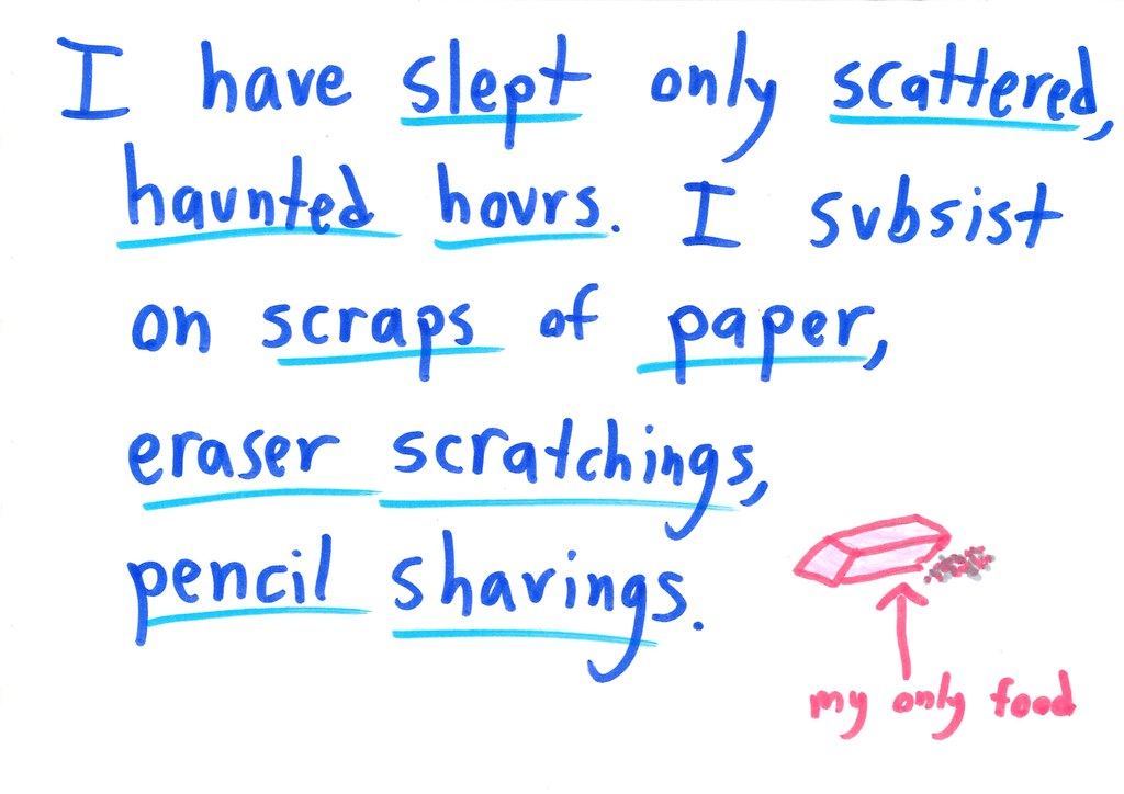 A thirteen-card 'away message' in which someone stuck on a math problem spirals into melodramatic despair, mocks standard problem-solving hints (draw a picture, work backwards, use the information you have), then cheerfully signs off. (panel 4 of 13)