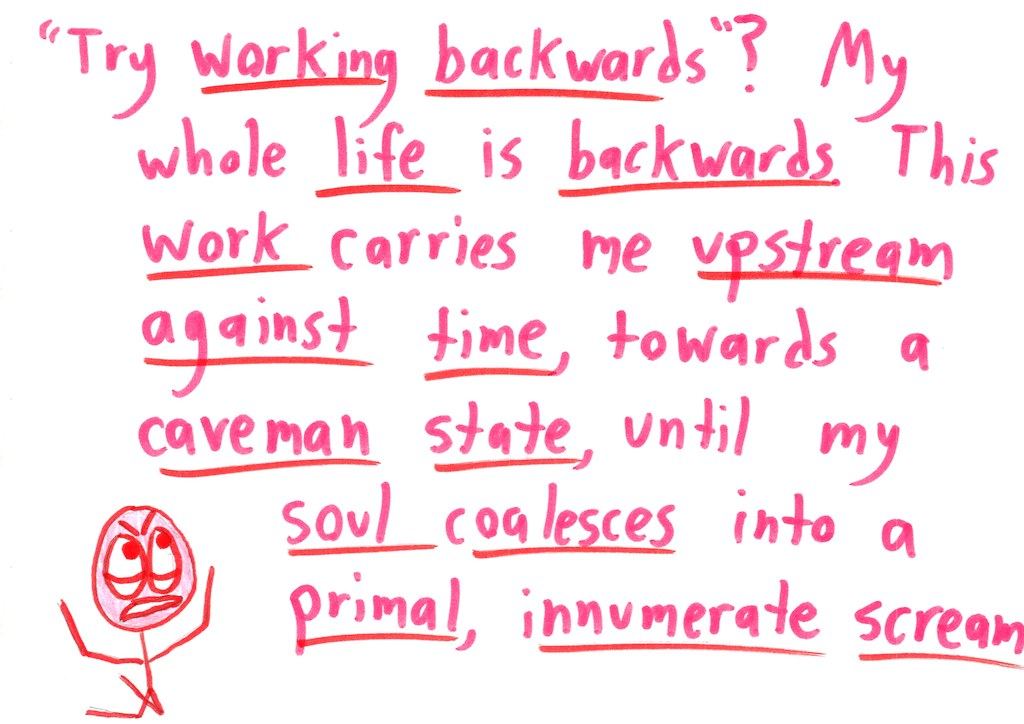 A thirteen-card 'away message' in which someone stuck on a math problem spirals into melodramatic despair, mocks standard problem-solving hints (draw a picture, work backwards, use the information you have), then cheerfully signs off. (panel 9 of 13)
