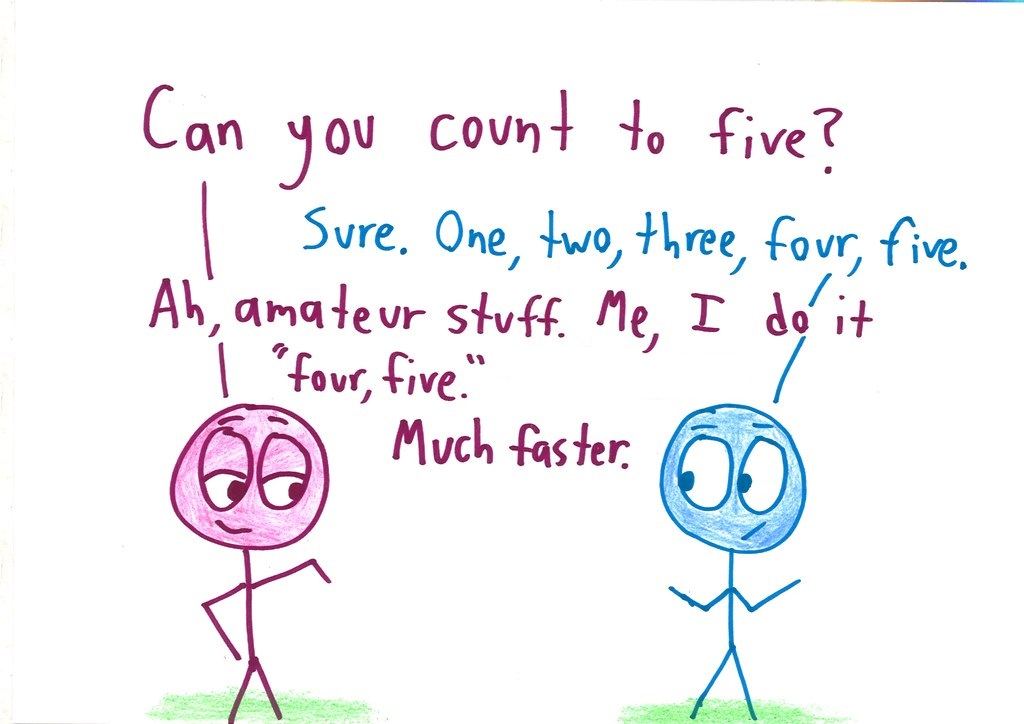 A twelve-panel argument in which one character pokes holes in every attempt to define 'counting,' until the other is reduced to despair. (panel 1 of 12)