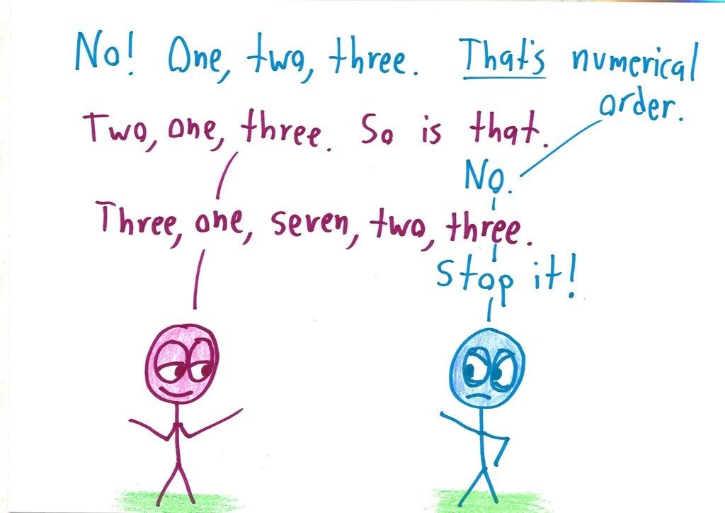 A twelve-panel argument in which one character pokes holes in every attempt to define 'counting,' until the other is reduced to despair. (panel 10 of 12)