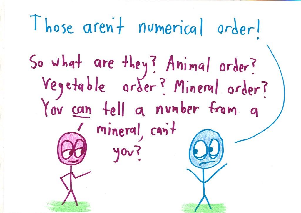 A twelve-panel argument in which one character pokes holes in every attempt to define 'counting,' until the other is reduced to despair. (panel 11 of 12)