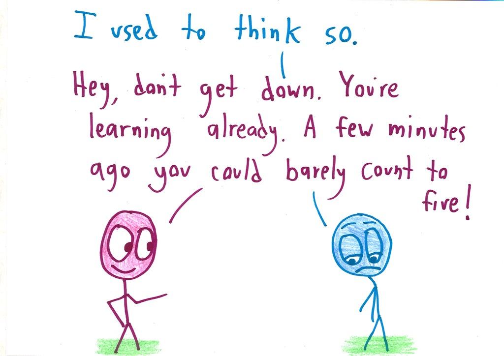 A twelve-panel argument in which one character pokes holes in every attempt to define 'counting,' until the other is reduced to despair. (panel 12 of 12)