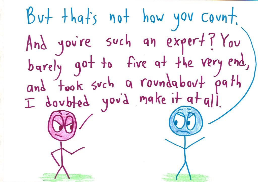 A twelve-panel argument in which one character pokes holes in every attempt to define 'counting,' until the other is reduced to despair. (panel 2 of 12)