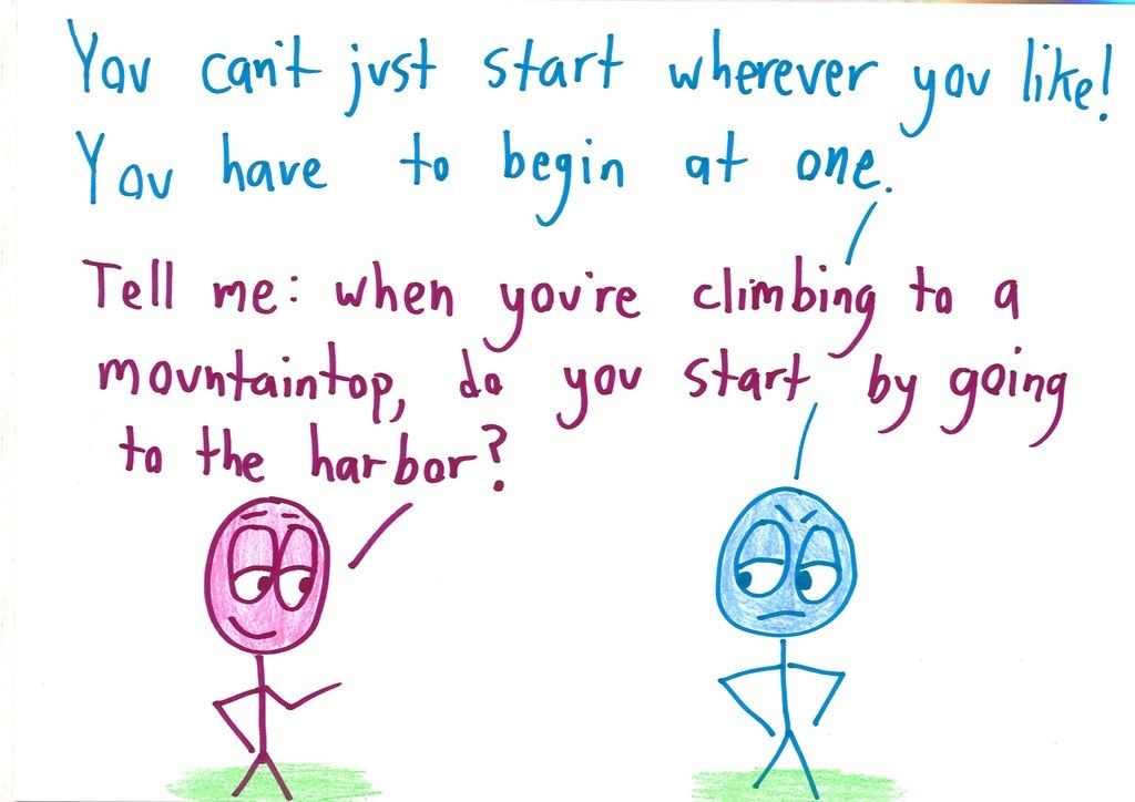 A twelve-panel argument in which one character pokes holes in every attempt to define 'counting,' until the other is reduced to despair. (panel 3 of 12)