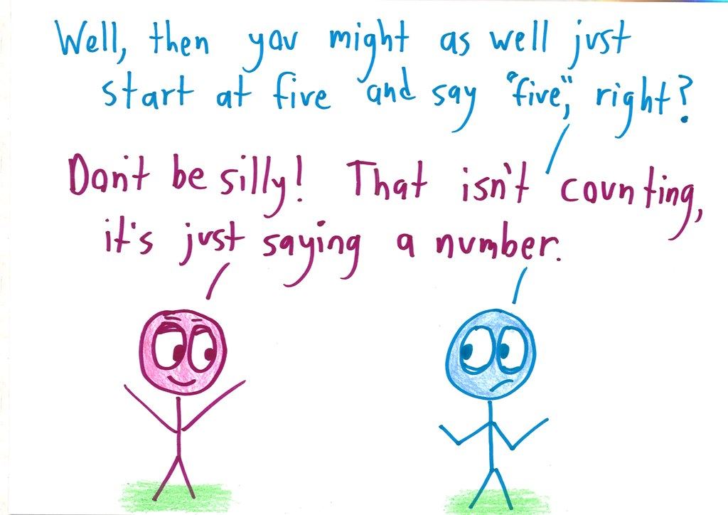A twelve-panel argument in which one character pokes holes in every attempt to define 'counting,' until the other is reduced to despair. (panel 5 of 12)
