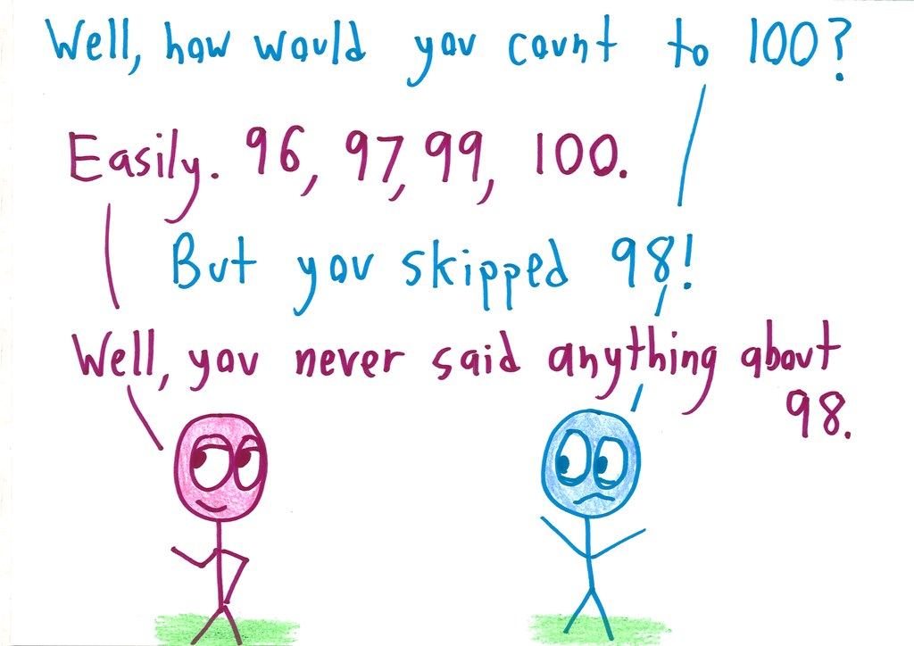 A twelve-panel argument in which one character pokes holes in every attempt to define 'counting,' until the other is reduced to despair. (panel 6 of 12)