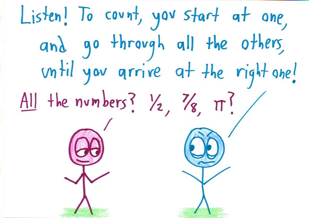 A twelve-panel argument in which one character pokes holes in every attempt to define 'counting,' until the other is reduced to despair. (panel 8 of 12)