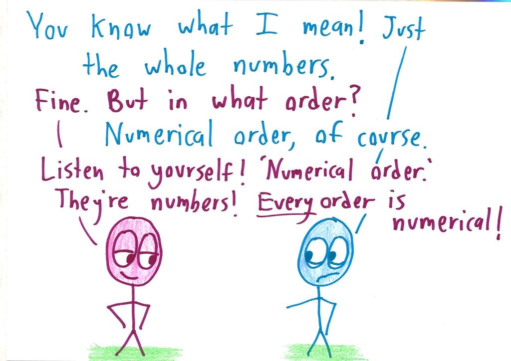 A twelve-panel argument in which one character pokes holes in every attempt to define 'counting,' until the other is reduced to despair. (panel 9 of 12)