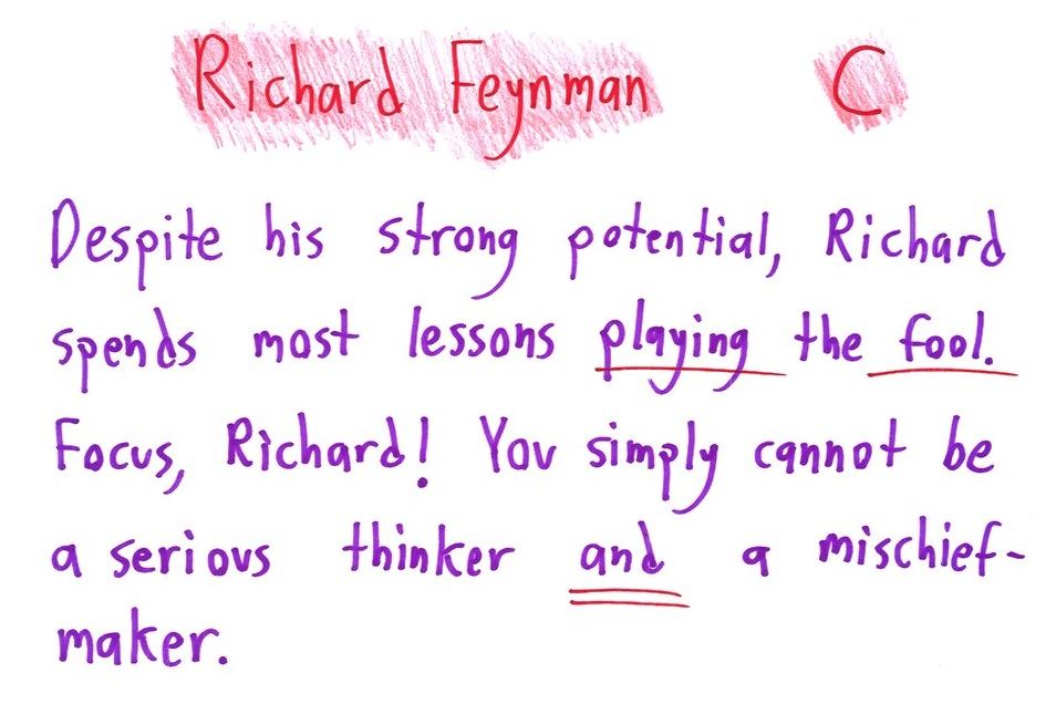 Eight report-card comments that scold famous mathematicians and scientists for the very traits that made them great. (panel 3 of 8)