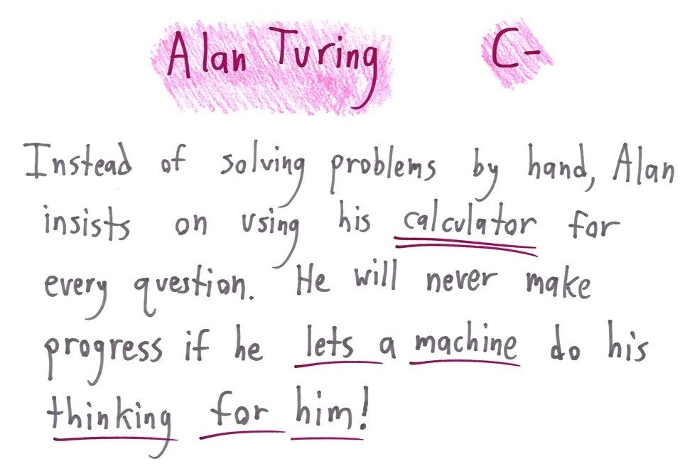 Eight report-card comments that scold famous mathematicians and scientists for the very traits that made them great. (panel 4 of 8)