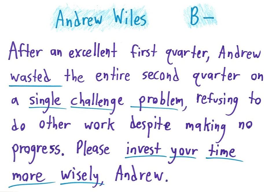 Eight report-card comments that scold famous mathematicians and scientists for the very traits that made them great. (panel 5 of 8)