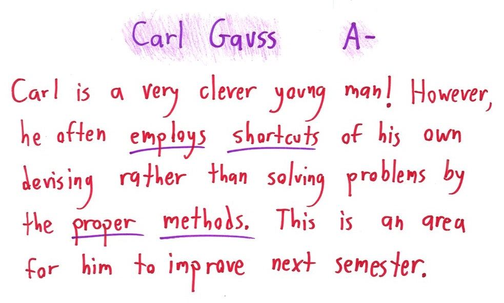 Eight report-card comments that scold famous mathematicians and scientists for the very traits that made them great. (panel 7 of 8)