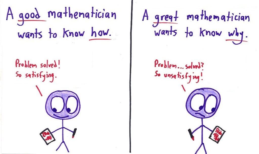 Eight split panels contrasting a good mathematician with a great one: how vs. why, questioning answers, rigor and intuition, abstraction, and more. (panel 1 of 8)