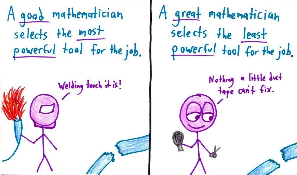 Eight split panels contrasting a good mathematician with a great one: how vs. why, questioning answers, rigor and intuition, abstraction, and more. (panel 2 of 8)