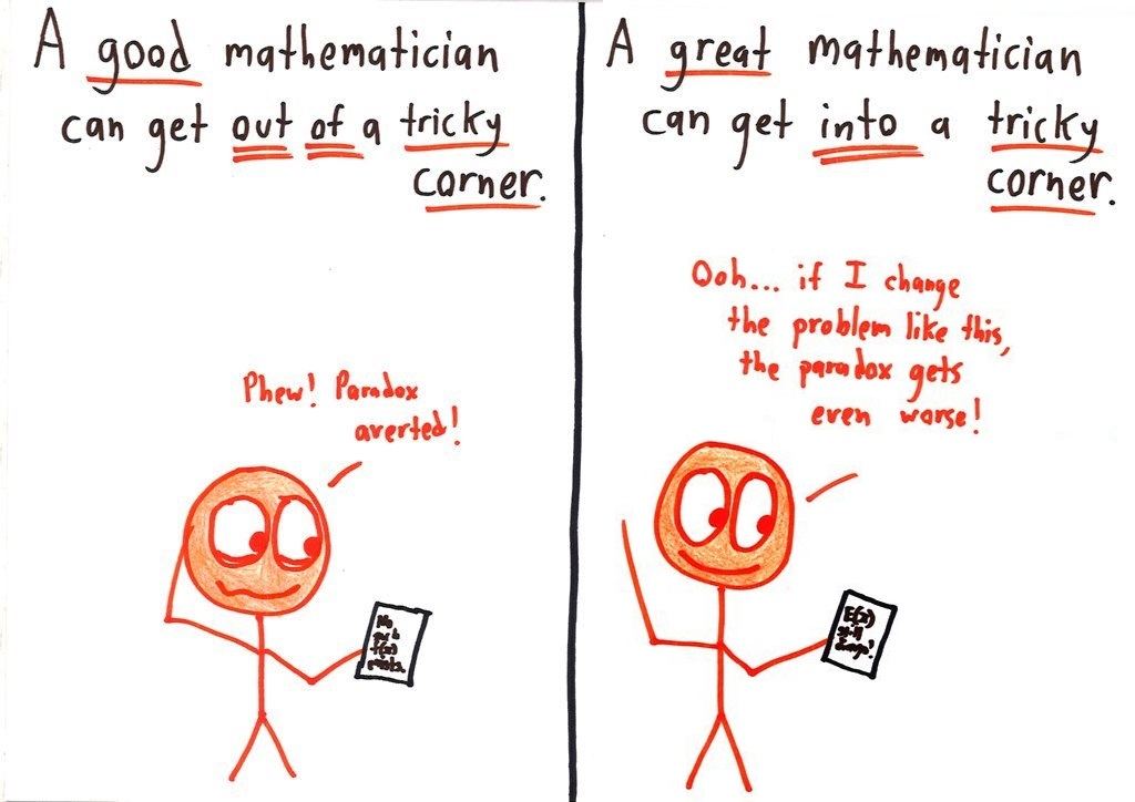 Eight split panels contrasting a good mathematician with a great one: how vs. why, questioning answers, rigor and intuition, abstraction, and more. (panel 5 of 8)