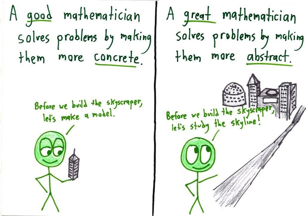 Eight split panels contrasting a good mathematician with a great one: how vs. why, questioning answers, rigor and intuition, abstraction, and more. (panel 6 of 8)