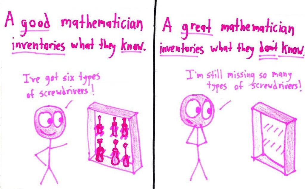 Eight split panels contrasting a good mathematician with a great one: how vs. why, questioning answers, rigor and intuition, abstraction, and more. (panel 7 of 8)
