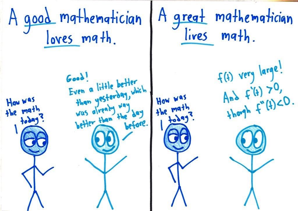 Eight split panels contrasting a good mathematician with a great one: how vs. why, questioning answers, rigor and intuition, abstraction, and more. (panel 8 of 8)
