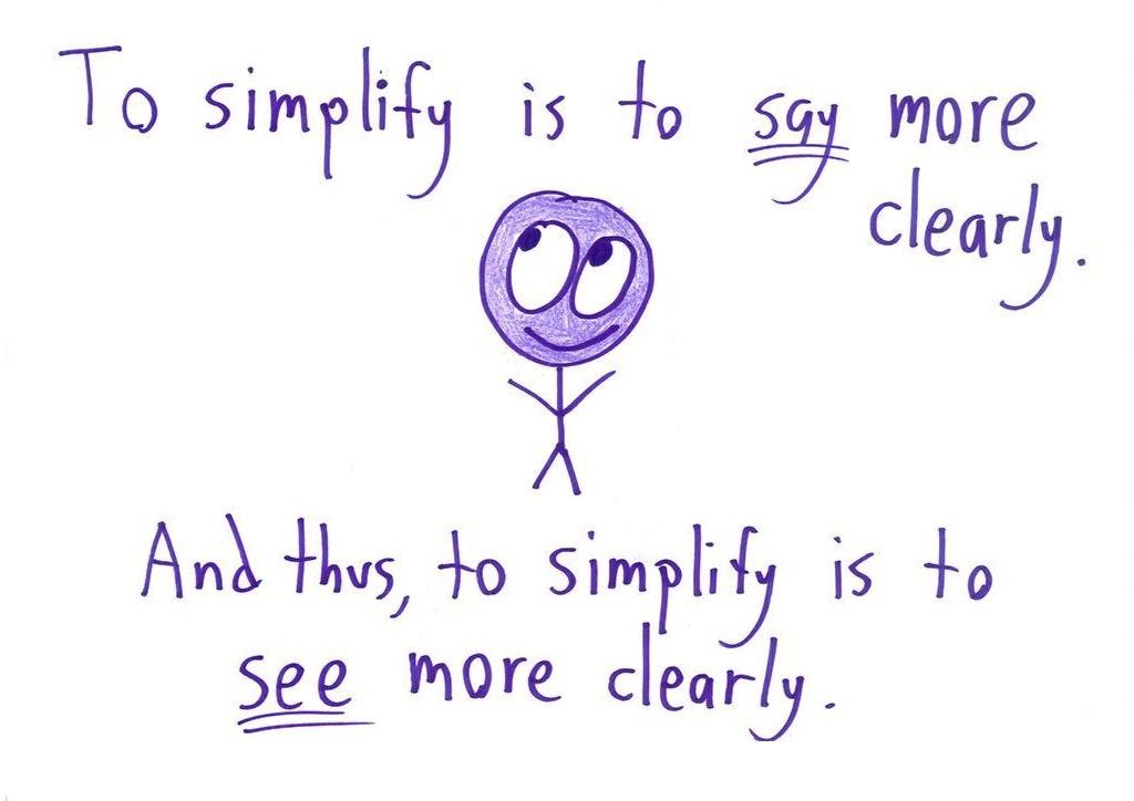 Two hand-lettered cards: in math, how we say something shapes how we see it, so simplifying is a way of seeing more clearly. (panel 2 of 2)