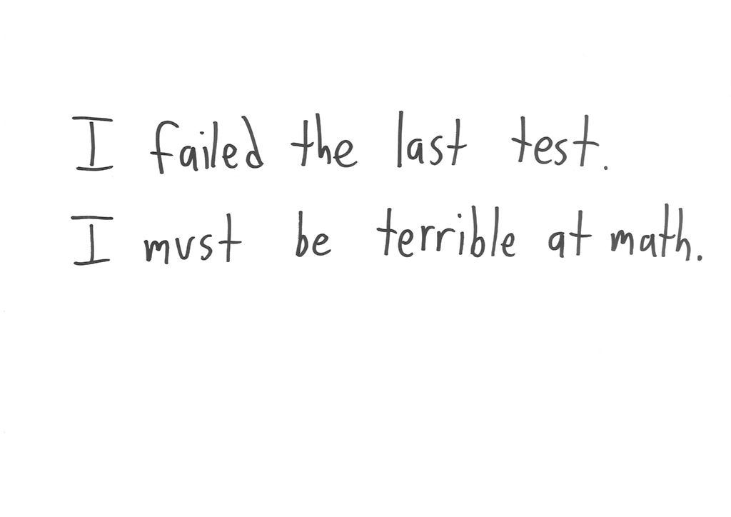 'I must be terrible at math' after a failed test is edited into skepticism about tests. (panel 1 of 2)
