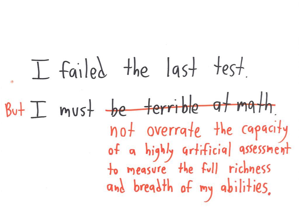 'I must be terrible at math' after a failed test is edited into skepticism about tests. (panel 2 of 2)