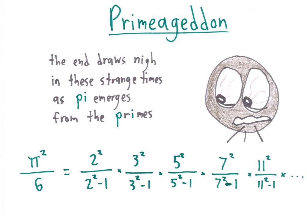 Euler's product over primes for π²/6, as an apocalypse: pi emerging from the primes.