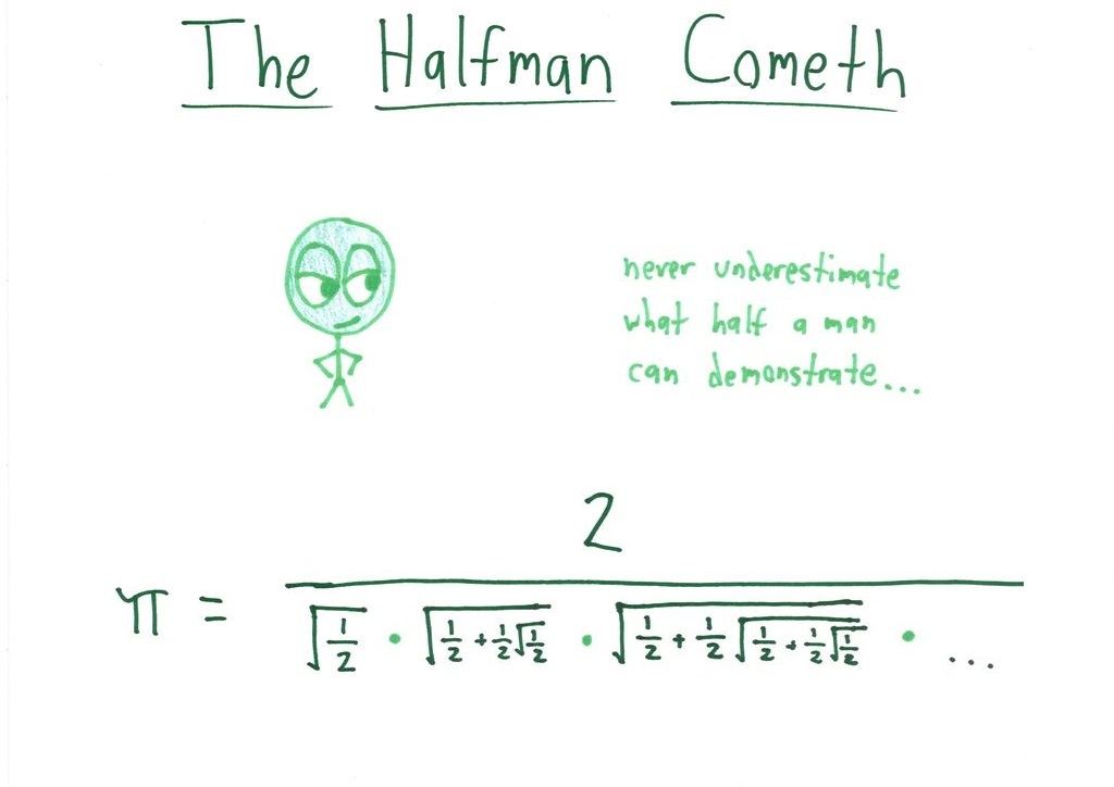 Viète's infinite product of nested square roots of 1/2, as 'The Halfman Cometh.'